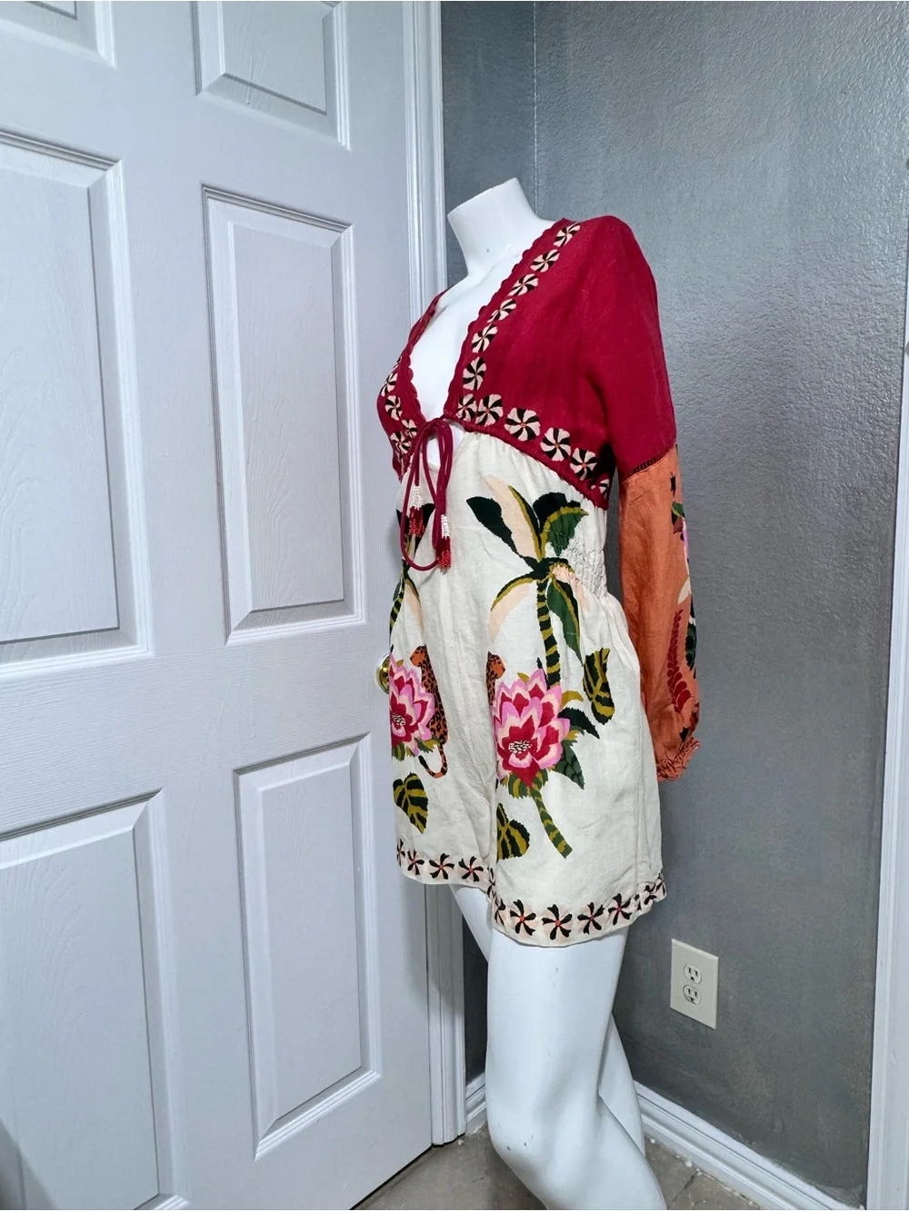 Anthropologie Pink and Cream Embroidered V-Neck Romper - Picture 5 of 17